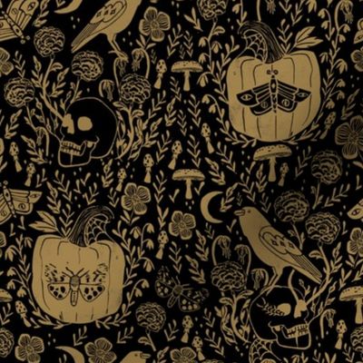 halloween linocut fabric - poe, skull, pumpkin, nevermore - black and gold