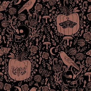 halloween linocut fabric - poe, skull, pumpkin, nevermore - black and rust