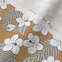 Boho hibiscus blossom and palm leaves Hawaii tropical summer garden white cinnamon brown gray SMALL