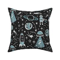 Out Of This World Toile - Black & Dusty Aqua Large Scale