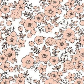 Retro english rose garden flowers and leaves boho blossom print nursery coral on white 