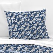 Retro english rose garden flowers and leaves boho blossom print nursery night navy blue white gray