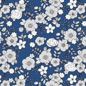 Retro english rose garden flowers and leaves boho blossom print nursery night navy blue white gray