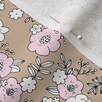 Retro english rose garden flowers and leaves boho blossom print nursery night latte beige pink white