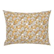 Retro english rose garden flowers and leaves boho blossom print nursery night mustard yellow gray white