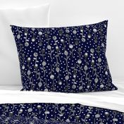 Abstract Flower Garden - greyscale on midnight blue, large 