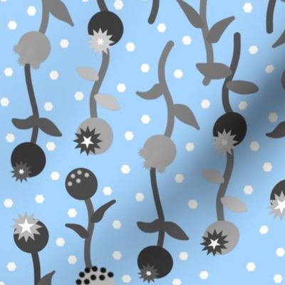 Abstract Flower Garden - greyscale on Sky blue, large 