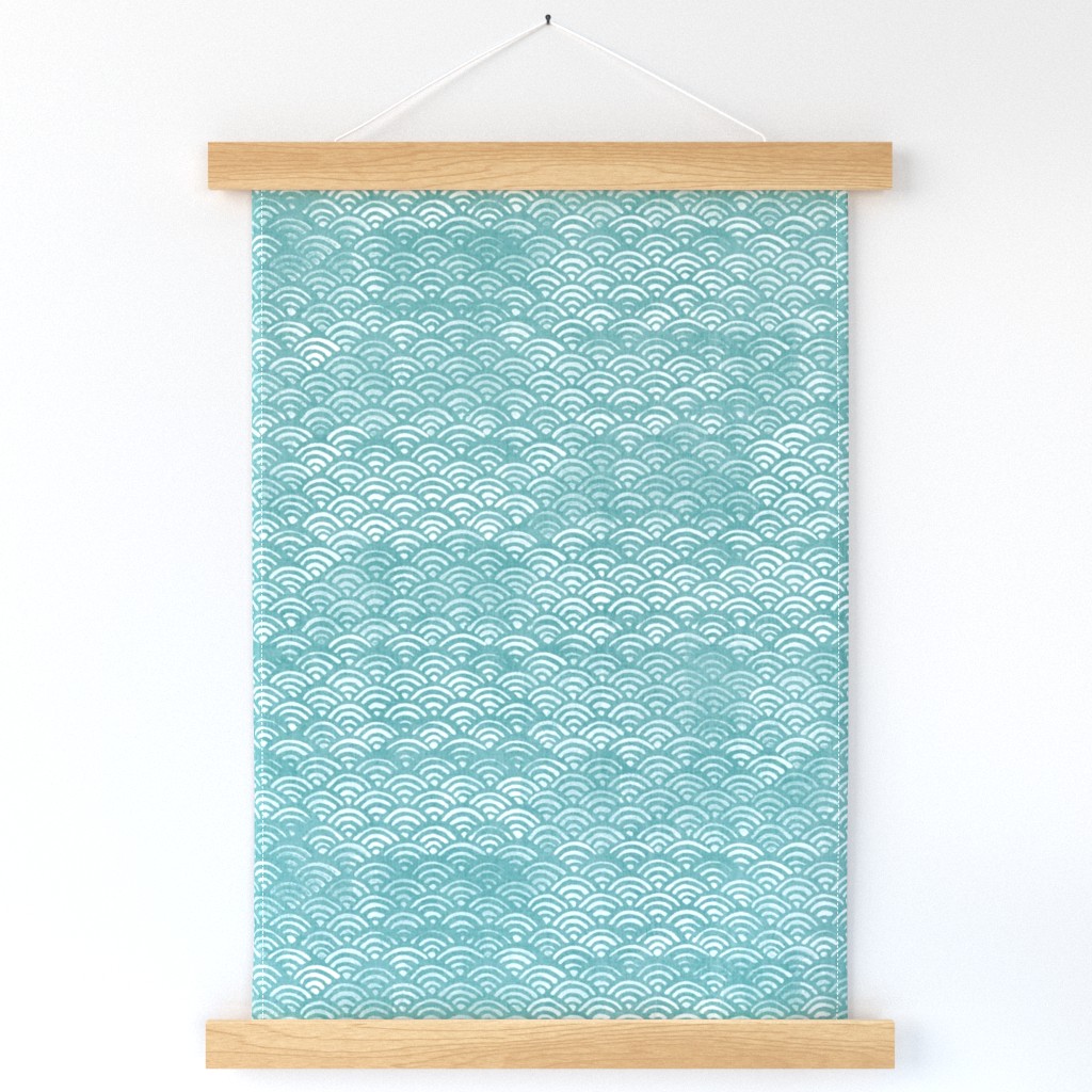 Japanese Ocean Waves in Turquoise (xl scale) | Block print pattern, Japanese waves Seigaiha pattern in bright aqua blue.