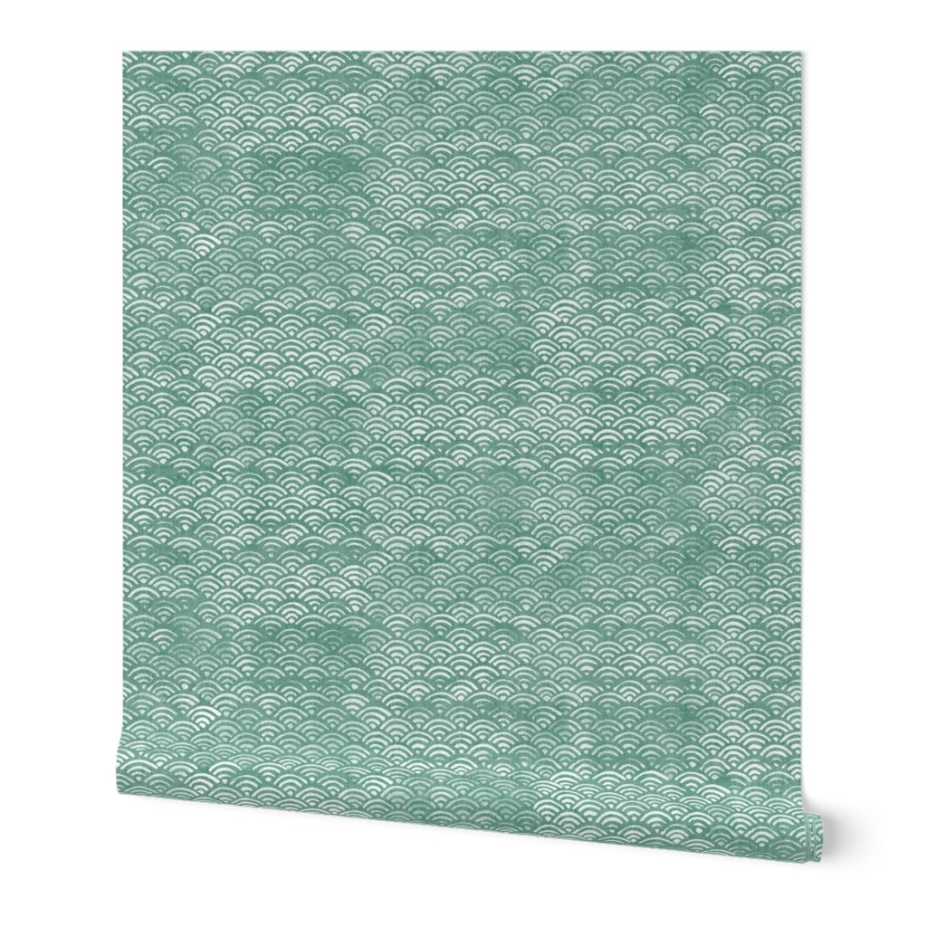 Japanese Ocean Waves in Jade Green (xl scale) | Block print pattern, Japanese waves Seigaiha pattern in sea foam green.