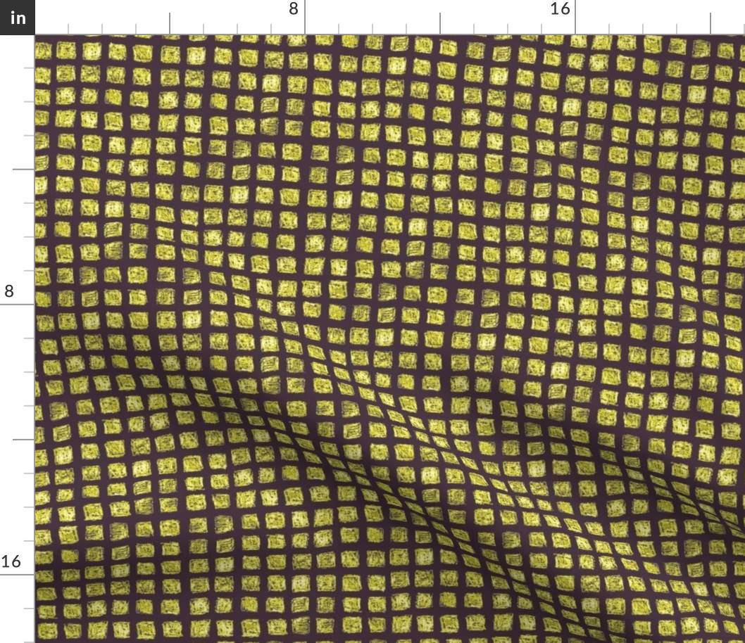 batik square grid - gold and white on dark purple-brown