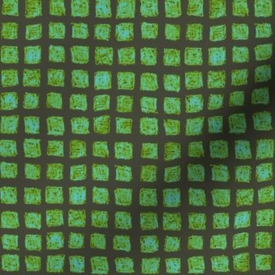 batik square grid - light blue and leaf green on khaki