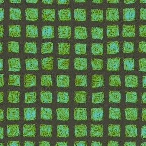 batik square grid - light blue and leaf green on khaki