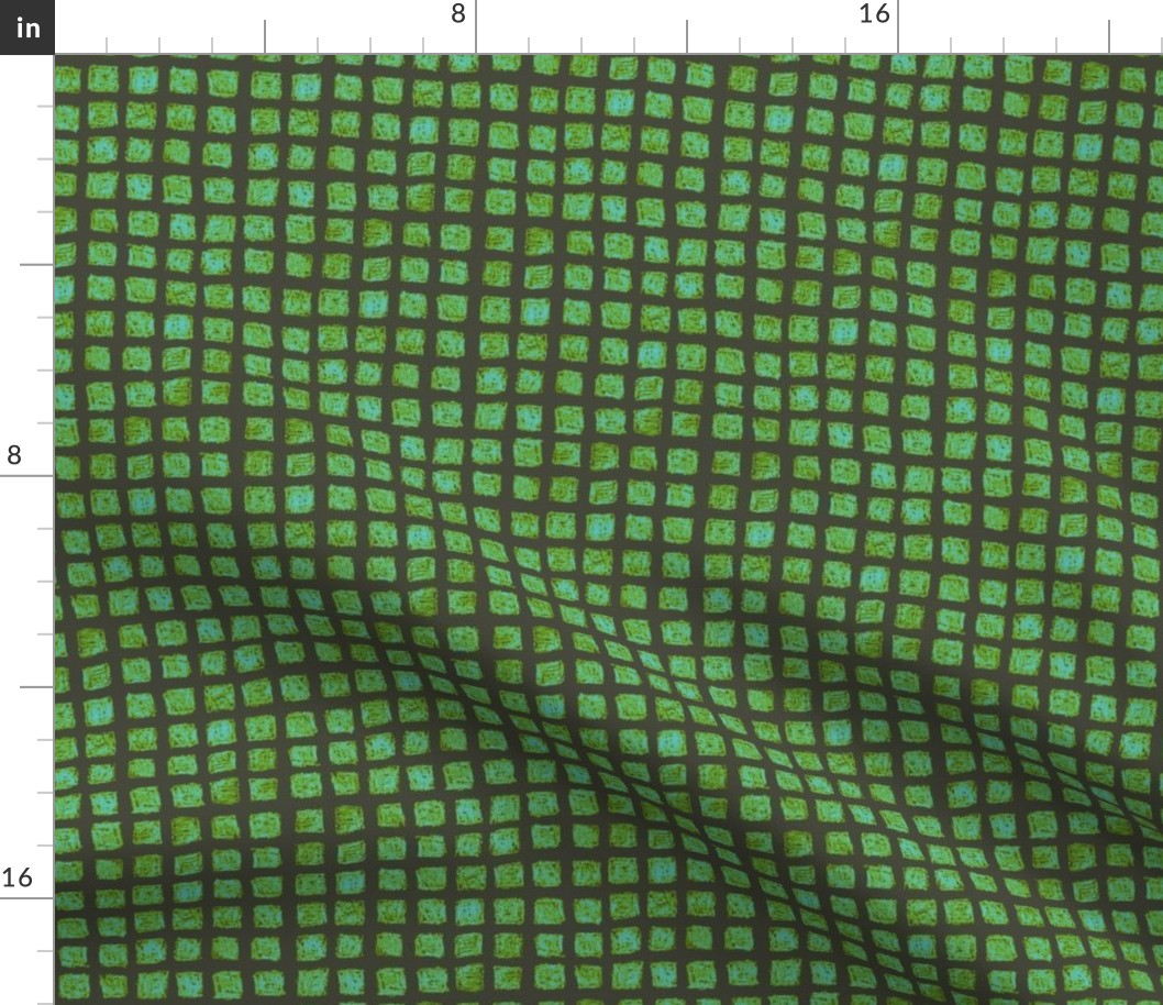 batik square grid - light blue and leaf green on khaki