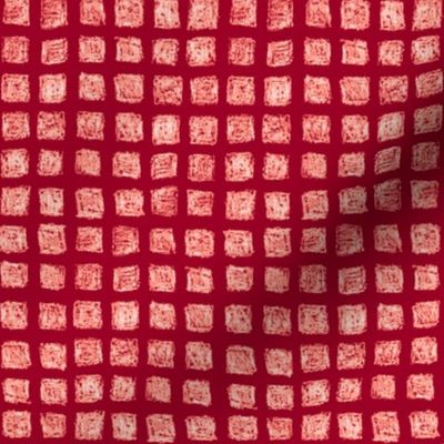 batik square grid  - white on cranberry red