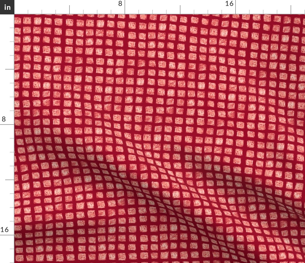 batik square grid  - white on cranberry red