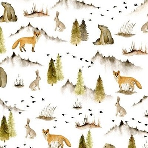 Watercolor animals and foggy forest