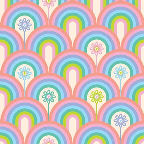 Rainbow Floral in Pastel Pink, Blue, Purple and Green on Cream - UnBlink Studio by Jackie Tahara