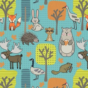 Forest friends | smaller scale | blue dots background