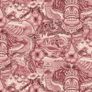 ★ TIKI ISLAND TOILE ★ Burgundy Red, Large Scale / Collection : Hawaiian Toile – Vintage Summer Prints