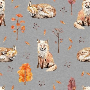 Hand Painted Foxes With Autumn Trees And Foliage Textured Grey Medium