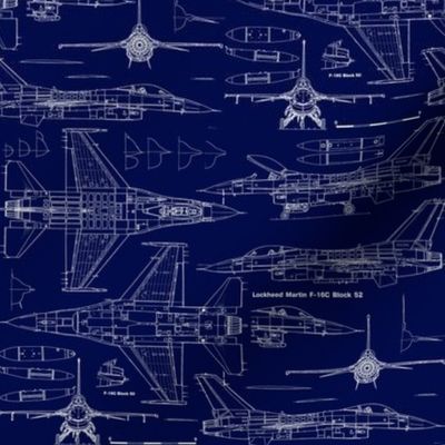 F-16 Jet Viper Blueprint Navy and White Fabric | Spoonflower