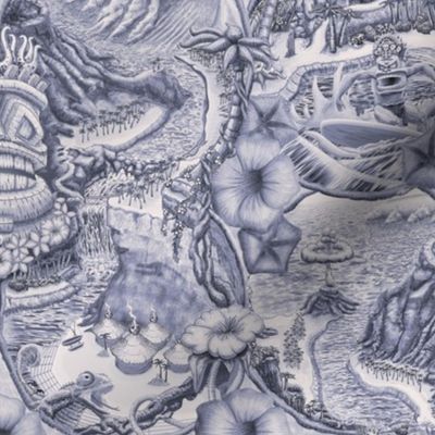 ★ TIKI ISLAND TOILE ★ Navy Blue, Small Scale / Collection : Hawaiian Toile – Vintage Summer Prints