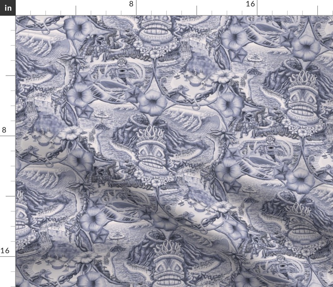 ★ TIKI ISLAND TOILE ★ Navy Blue, Small Scale / Collection : Hawaiian Toile – Vintage Summer Prints