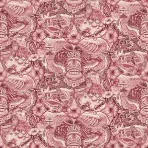 ★ TIKI ISLAND TOILE ★ Burgundy Red, Small Scale / Collection : Hawaiian Toile – Vintage Summer Prints