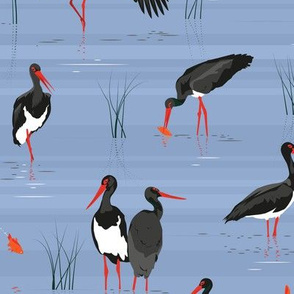 black storks on grey-blue