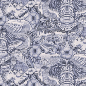 ★ TIKI ISLAND TOILE ★ Navy Blue, Large Scale / Collection : Hawaiian Toile – Vintage Summer Prints