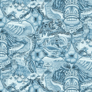 ★ TIKI ISLAND TOILE ★ Teal Blue, Large Scale / Collection : Hawaiian Toile – Vintage Summer Prints