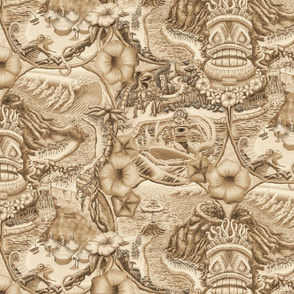 ★ TIKI ISLAND TOILE ★ Coffee Brown, Large Scale / Collection : Hawaiian Toile – Vintage Summer Prints