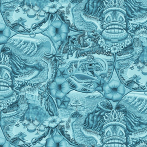 ★ TIKI ISLAND TOILE ★ Turquoise Blue, Large Scale / Collection : Hawaiian Toile – Vintage Summer Prints
