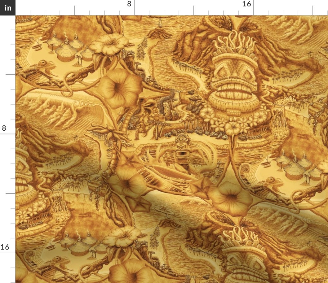 ★ TIKI ISLAND TOILE ★ Yellow, Large Scale / Collection : Hawaiian Toile – Vintage Summer Prints