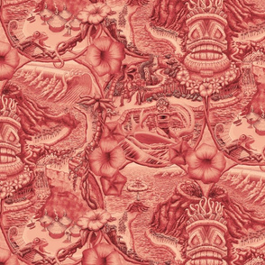 ★ TIKI ISLAND TOILE ★ Red, Large Scale / Collection : Hawaiian Toile – Vintage Summer Prints