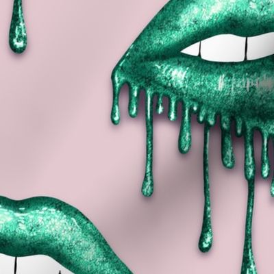 Green Sparkle Dripping Lips Pink Background