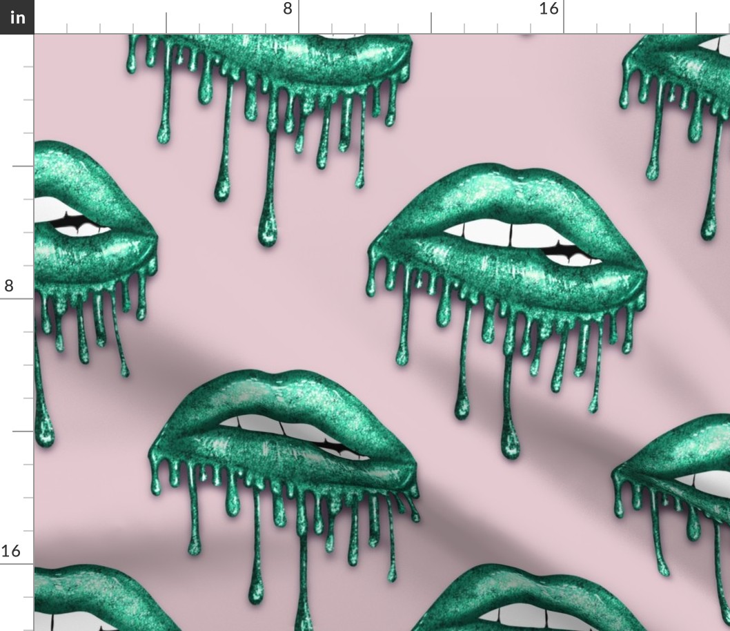 Green Sparkle Dripping Lips Pink Background