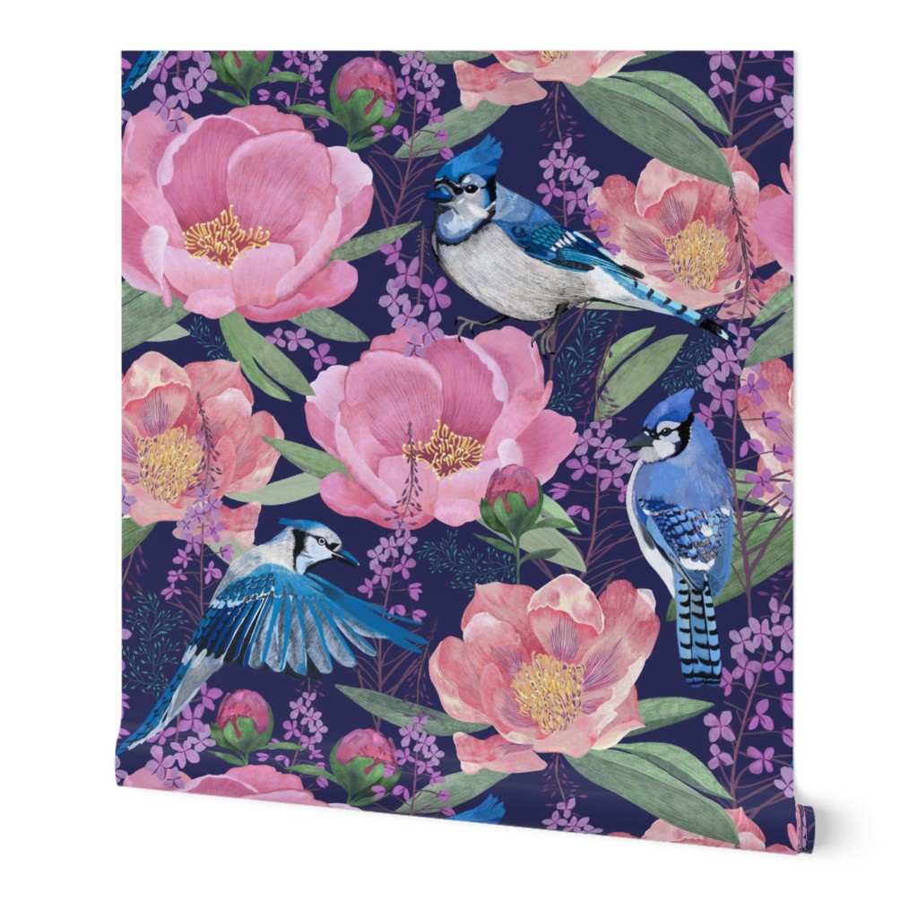 Blue Jay Bird and Peony