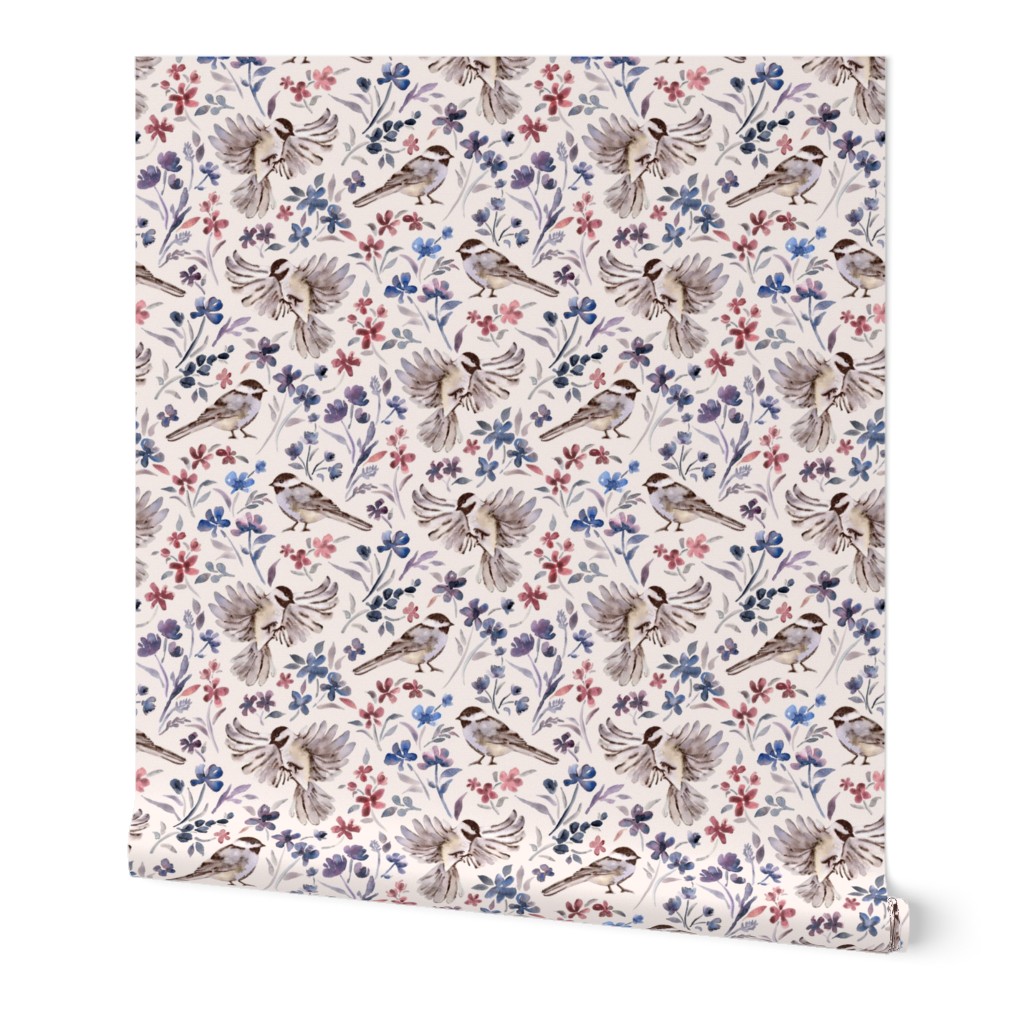 Chickadees and Wildflowers on cream - small