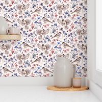 Chickadees and Wildflowers on cream - small