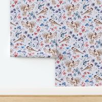 Chickadees and Wildflowers on pale blue - large