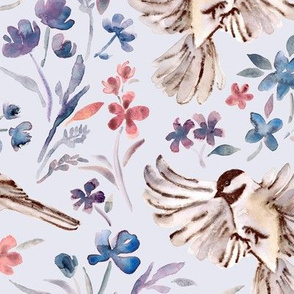 Chickadees and Wildflowers on pale blue - large
