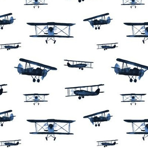 Indigo retro air planes - watercolor navy blue planes for baby boy's nursery
