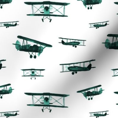 Emerald retro air planes - watercolor vintage airplanes