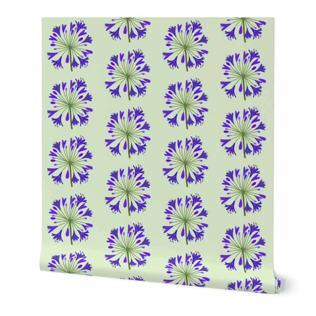 Summer Agapanthus Blooms - Sapphire Indigo on Jade Green, large 