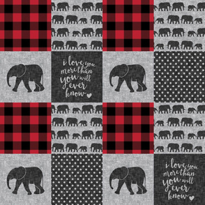 elephant wholecloth - I love you more than you will ever know - red, grey, black, plaid - elephant nursery patchwork - LAD20