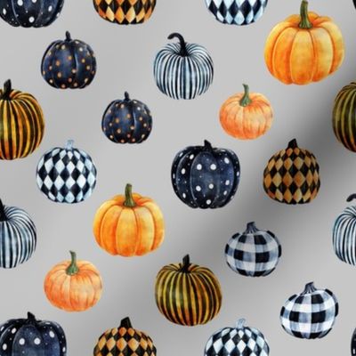 watercolor pumpkins fabric - halloween fabric - grey
