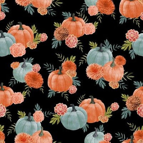 pumpkin floral fabric - watercolor autumn florals - black