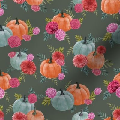 pumpkin floral fabric - watercolor autumn florals - dark green