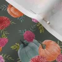 pumpkin floral fabric - watercolor autumn florals - dark green